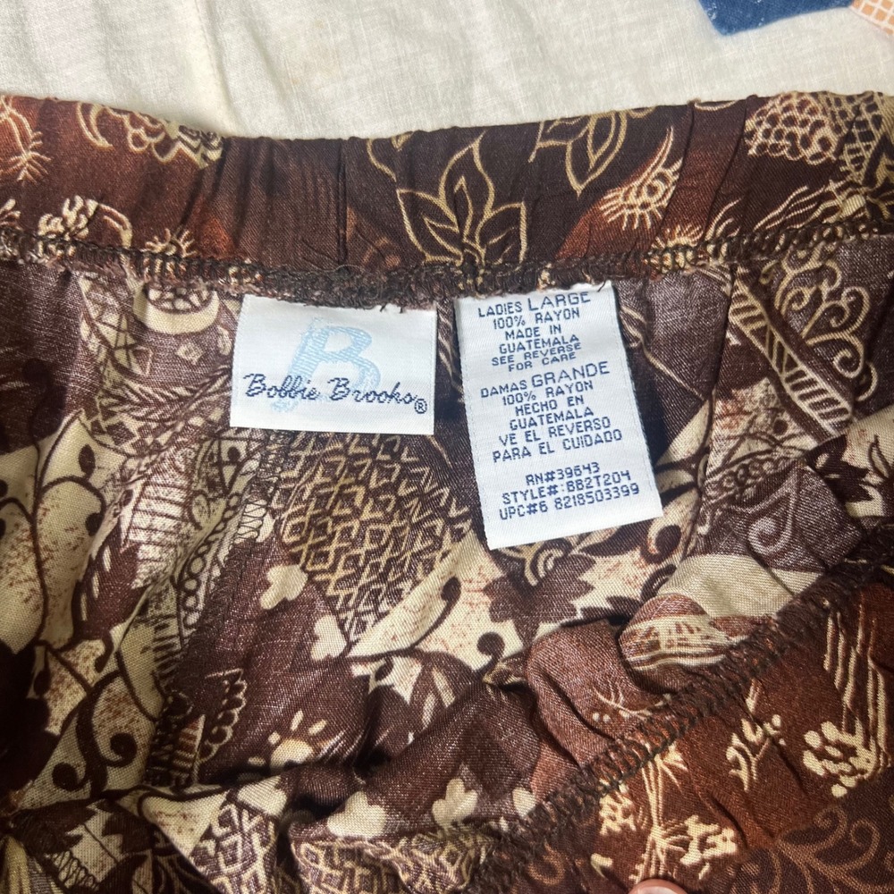Bobbie Brooks Brown Patchwork Batik Rayon 2 Piece Set Shirt Pants Ladies Large - Picture 5 of 8